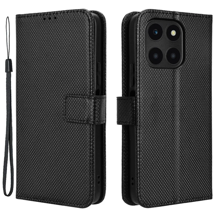For Honor X6a 4G PU Leather Phone Case Diamond Texture Stand Protective Cell Phone Cover - Black