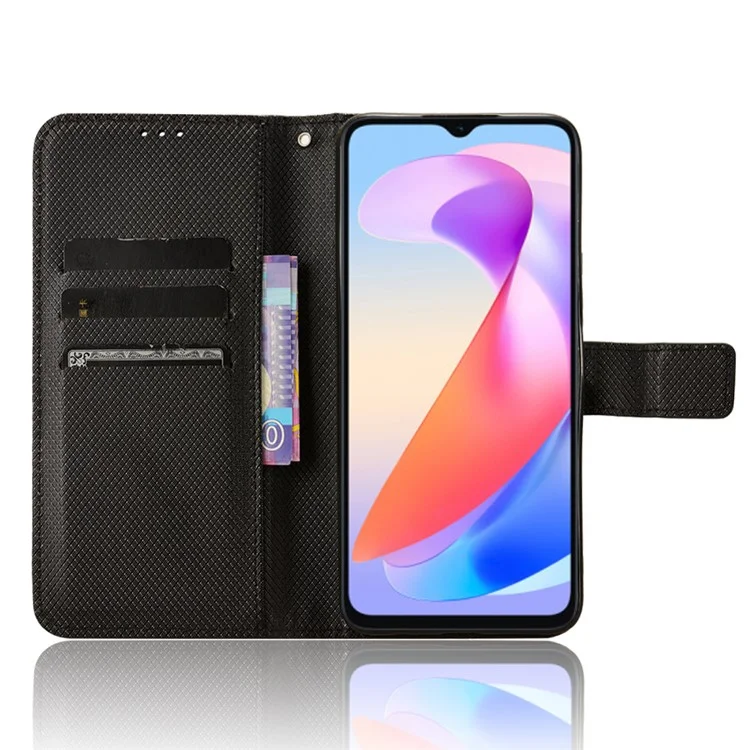 For Honor X6a 4G PU Leather Phone Case Diamond Texture Stand Protective Cell Phone Cover - Black