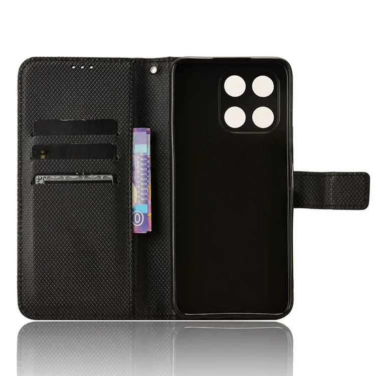 For Honor X6a 4G PU Leather Phone Case Diamond Texture Stand Protective Cell Phone Cover - Black