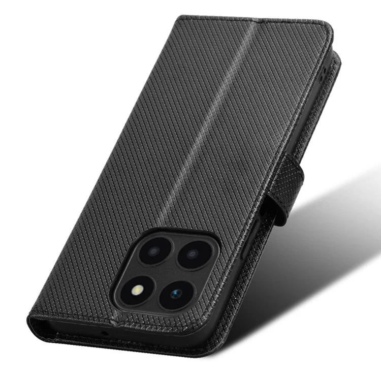 For Honor X6a 4G PU Leather Phone Case Diamond Texture Stand Protective Cell Phone Cover - Black