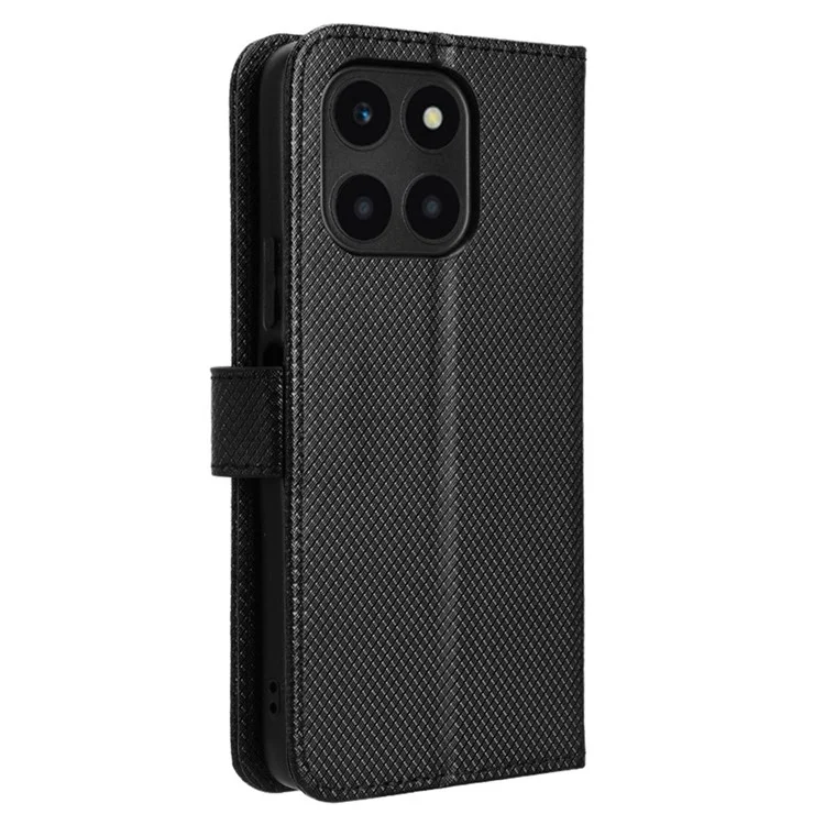 For Honor X6a 4G PU Leather Phone Case Diamond Texture Stand Protective Cell Phone Cover - Black