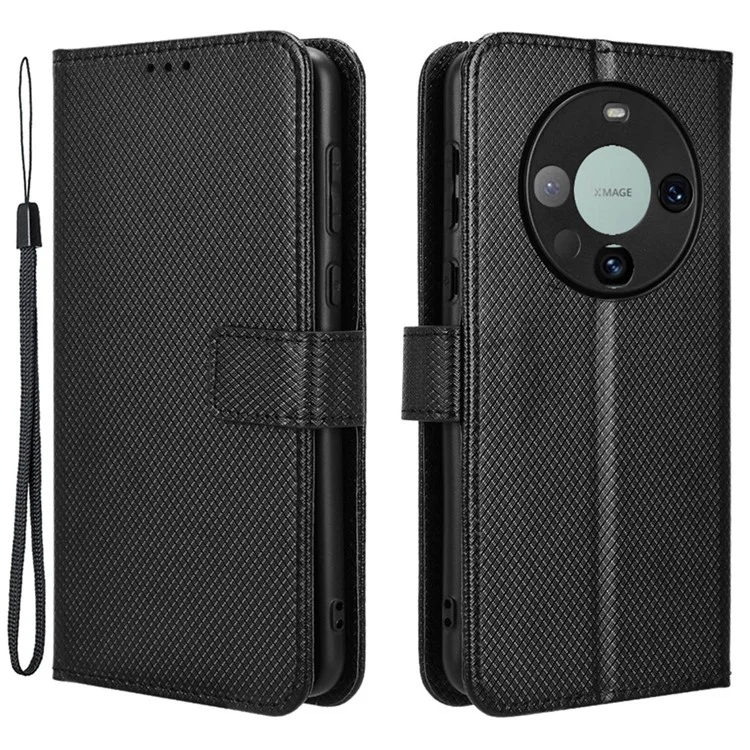 Per Huawei Mate 60 Pro Custodia in pelle PU Stand Diamond Texture Protective Phone Cover - Nero