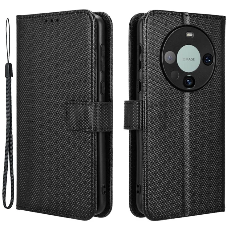 Для Huawei Mate 60 Anti-Scratch Shell Diamond Texture Stand Cover PU Leather Phone Case - чёрный