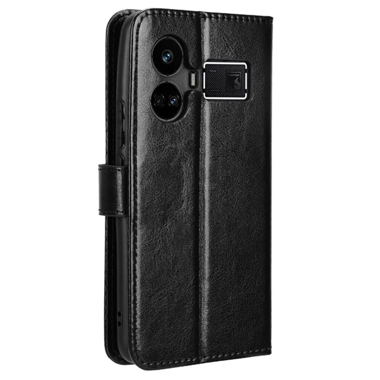 Para Realme GT5 5G Leather Protective Case Crazy Horse Texture Wallet Stand Phone Cover - Preto