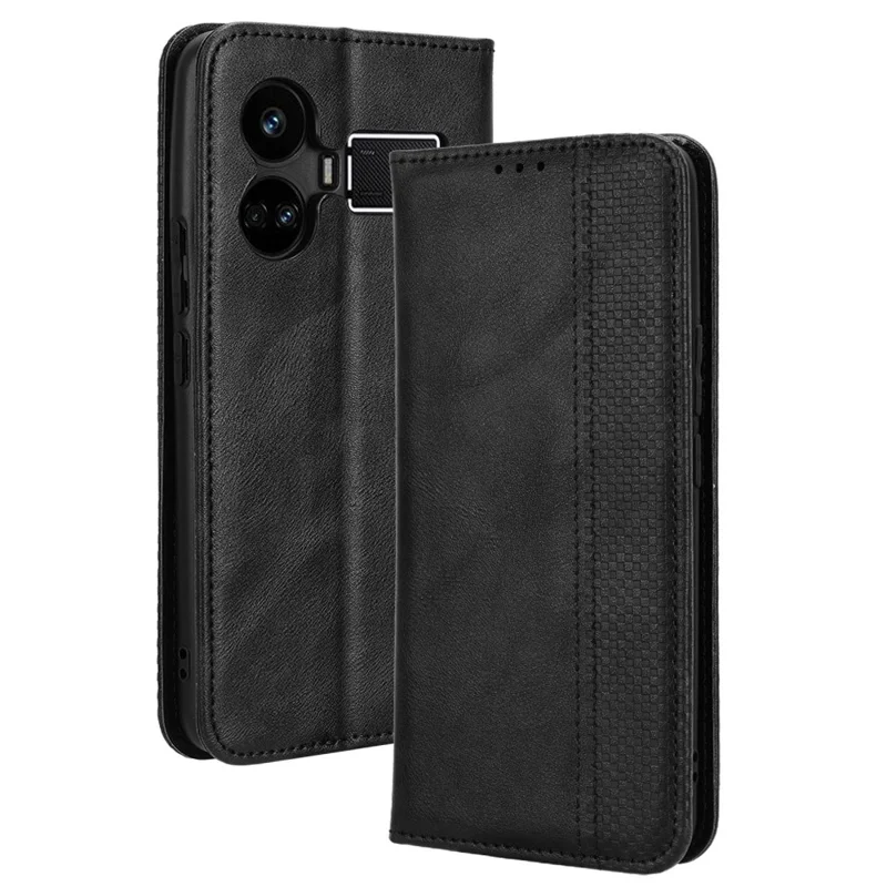 Para Realme GT5 5G Retro Funda de Billetera de Cuero PU Plegable Resistente a Golpes Cubierta de Teléfono - Negro