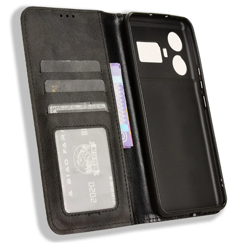 Para Realme GT5 5G Retro Funda de Billetera de Cuero PU Plegable Resistente a Golpes Cubierta de Teléfono - Negro