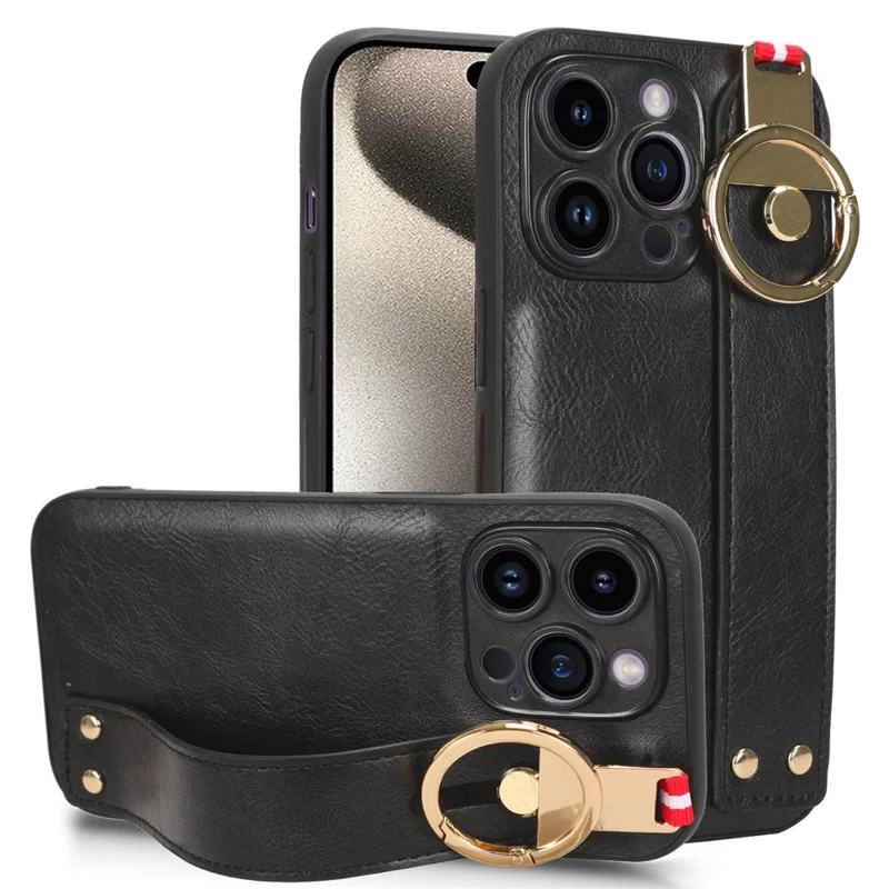 Per Iphone 15 Pro Wristband Kickstand Telefono Case PU Peth+pc+tpu Coperchio Protettivo Con Apri Bottiglia - Nero