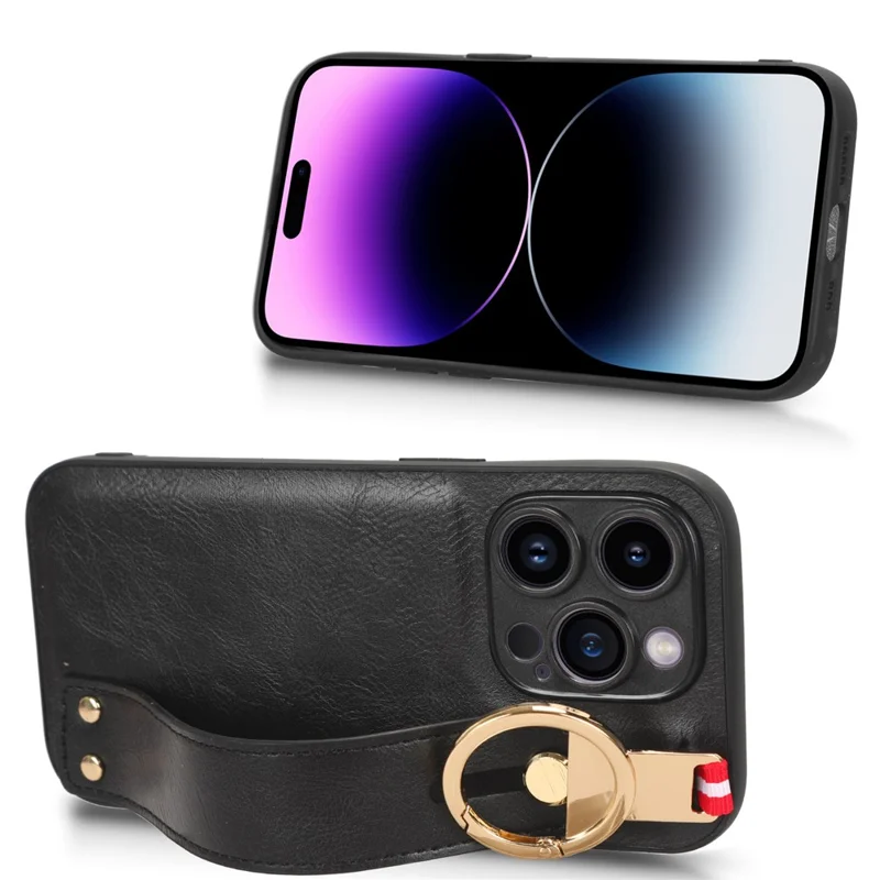 Per Iphone 15 Pro Wristband Kickstand Telefono Case PU Peth+pc+tpu Coperchio Protettivo Con Apri Bottiglia - Nero