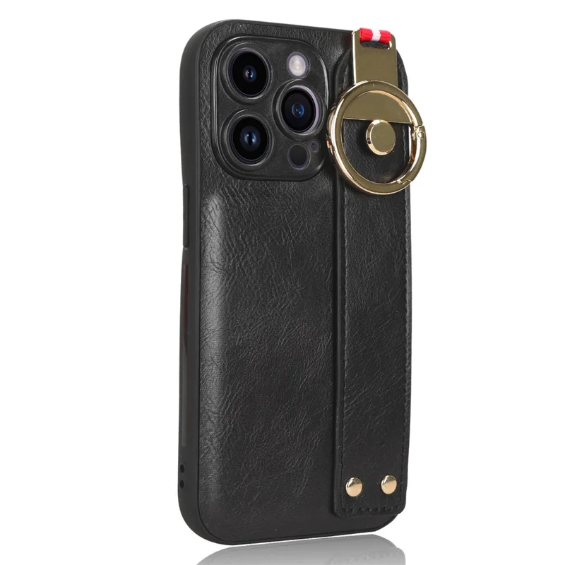 Per Iphone 15 Pro Wristband Kickstand Telefono Case PU Peth+pc+tpu Coperchio Protettivo Con Apri Bottiglia - Nero