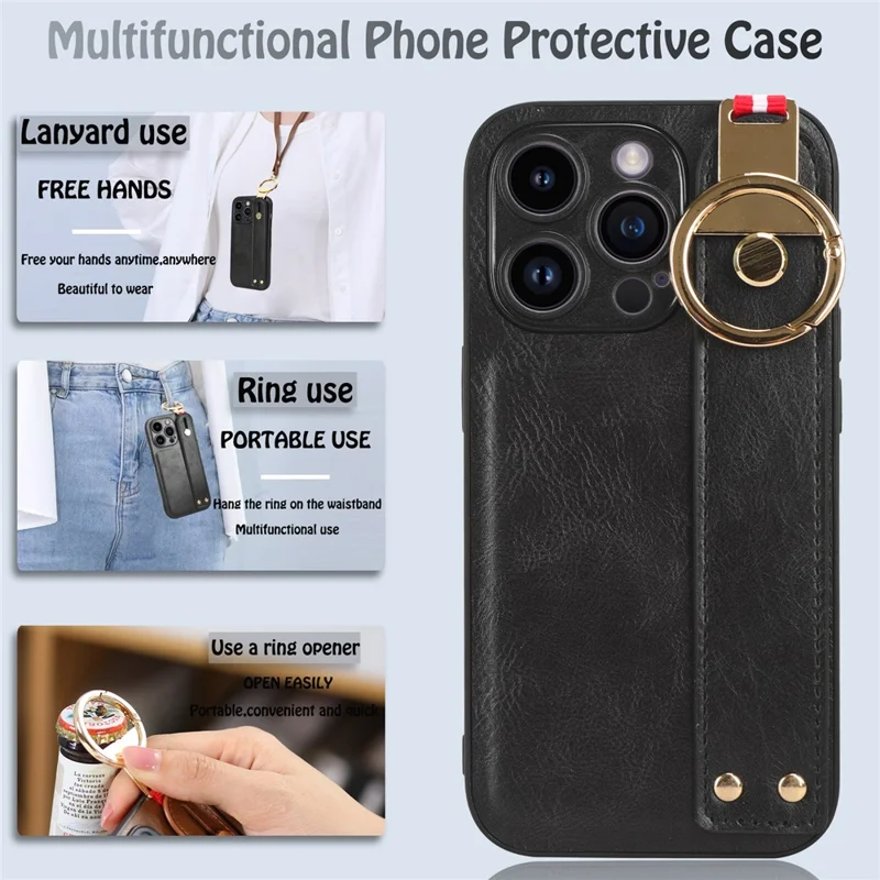 Per Iphone 15 Pro Wristband Kickstand Telefono Case PU Peth+pc+tpu Coperchio Protettivo Con Apri Bottiglia - Nero