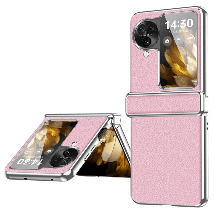 Per Oppo Find N3 Flip 5G Cerniera Design Custodia in Pelle PU Rivestita in PC Elettroplaccatura Texture Litchi Custodia per Telefono - Rosa