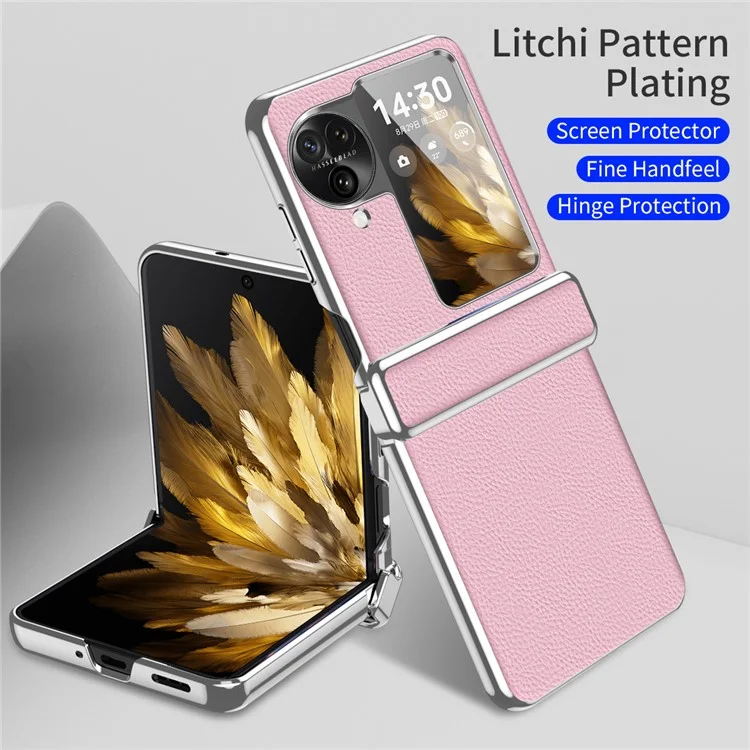 Per Oppo Find N3 Flip 5G Cerniera Design Custodia in Pelle PU Rivestita in PC Elettroplaccatura Texture Litchi Custodia per Telefono - Rosa
