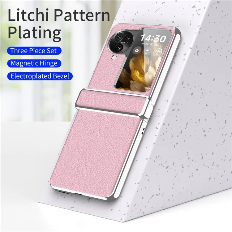 Per Oppo Find N3 Flip 5G Cerniera Design Custodia in Pelle PU Rivestita in PC Elettroplaccatura Texture Litchi Custodia per Telefono - Rosa