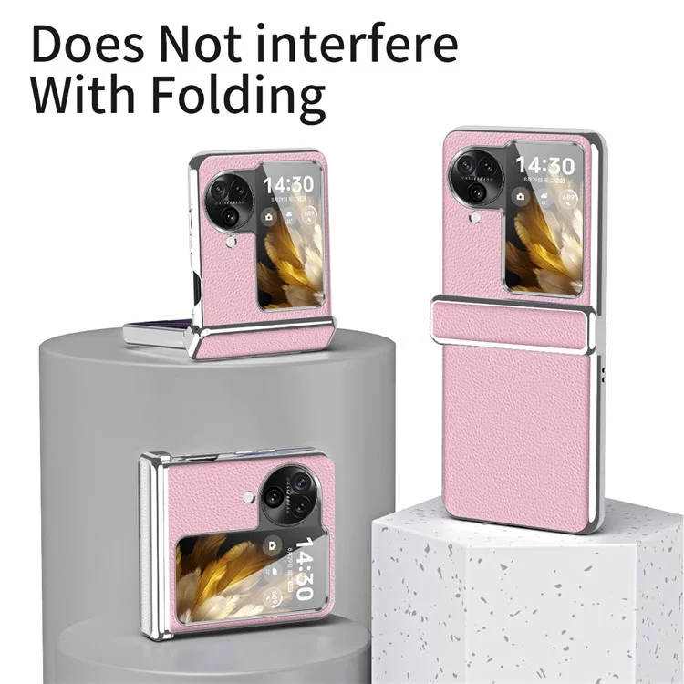 Per Oppo Find N3 Flip 5G Cerniera Design Custodia in Pelle PU Rivestita in PC Elettroplaccatura Texture Litchi Custodia per Telefono - Rosa