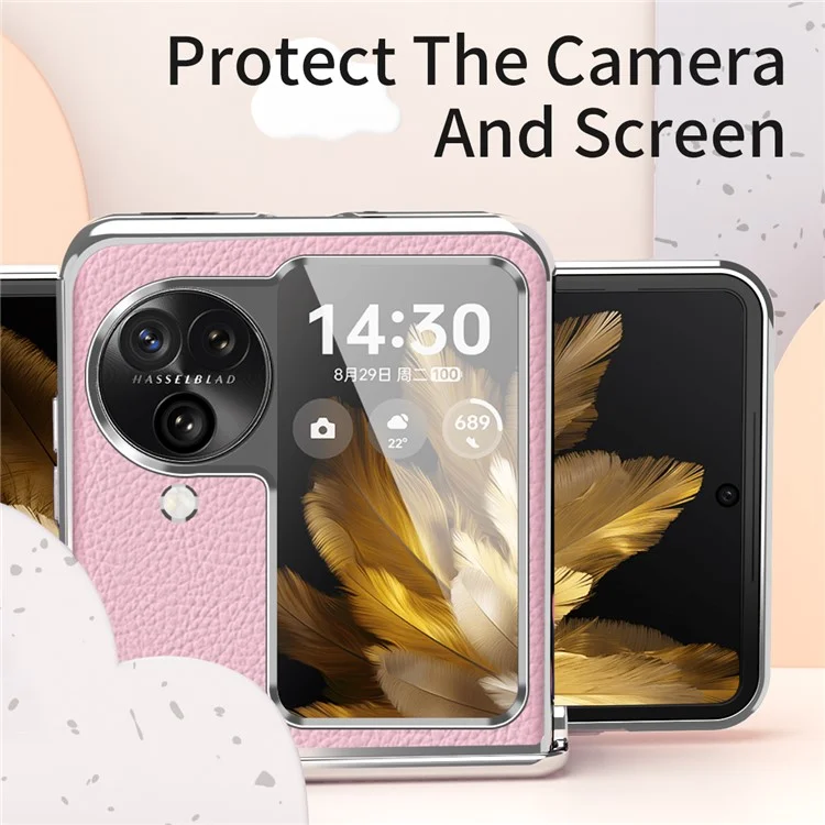 Per Oppo Find N3 Flip 5G Cerniera Design Custodia in Pelle PU Rivestita in PC Elettroplaccatura Texture Litchi Custodia per Telefono - Rosa