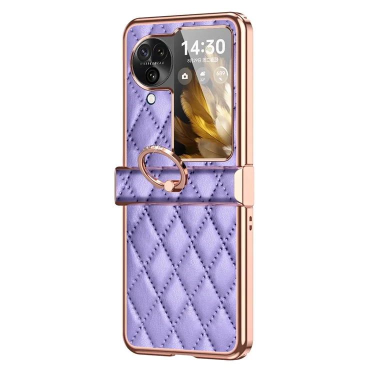 Per Oppo Find N3 Flip 5G Custodia in Pelle PU con Rivesti mento in PC Elettroplaccato Motivo a Rombo con Supporto - Viola