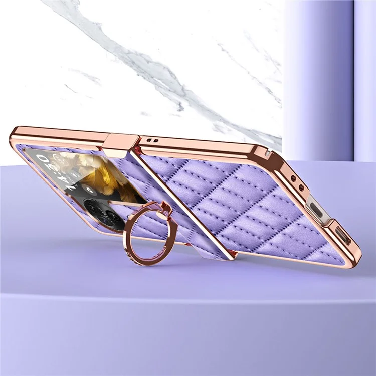Per Oppo Find N3 Flip 5G Custodia in Pelle PU con Rivesti mento in PC Elettroplaccato Motivo a Rombo con Supporto - Viola