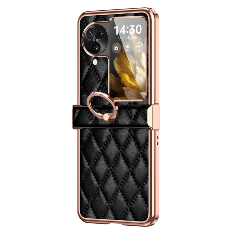 For Oppo Find N3 Flip 5G PU Leather Coated PC Case Electroplating Rhombus Pattern Kickstand Phone Cover - Black