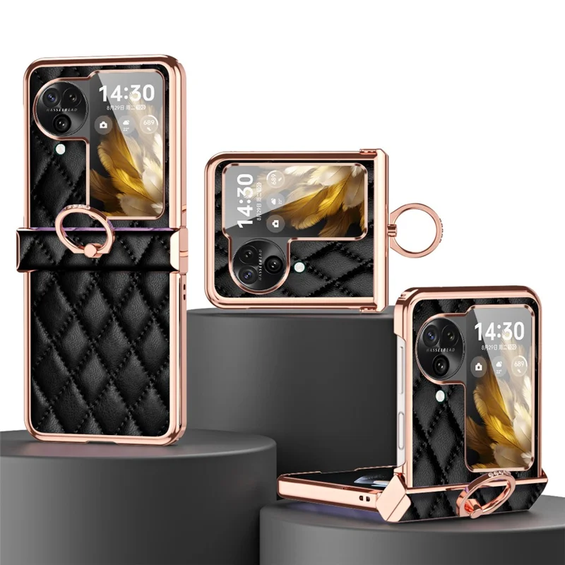 For Oppo Find N3 Flip 5G PU Leather Coated PC Case Electroplating Rhombus Pattern Kickstand Phone Cover - Black