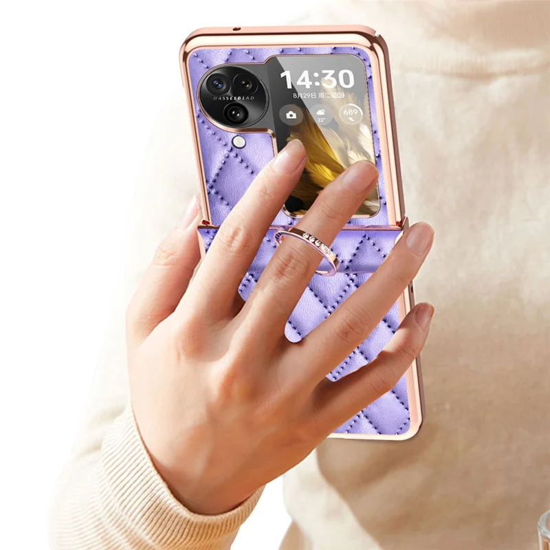 For Oppo Find N3 Flip 5G PU Leather Coated PC Case Electroplating Rhombus Pattern Kickstand Phone Cover - Black