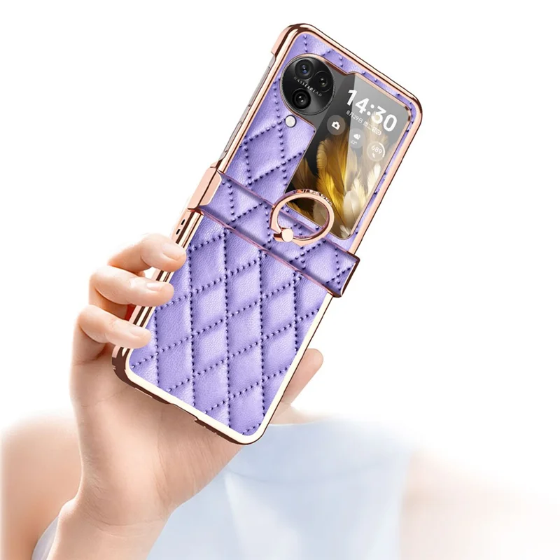 For Oppo Find N3 Flip 5G PU Leather Coated PC Case Electroplating Rhombus Pattern Kickstand Phone Cover - Black