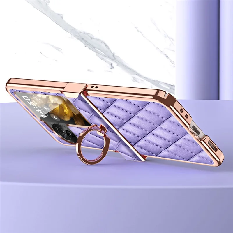 For Oppo Find N3 Flip 5G PU Leather Coated PC Case Electroplating Rhombus Pattern Kickstand Phone Cover - Black