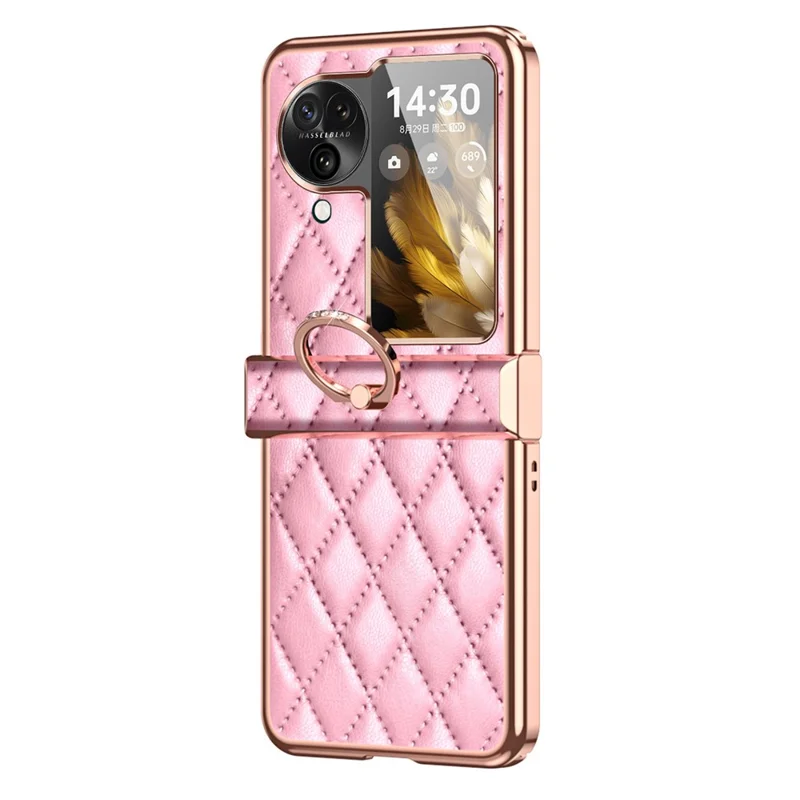 For Oppo Find N3 Flip 5G PU Leather Coated PC Case Electroplating Rhombus Pattern Kickstand Phone Cover - Pink