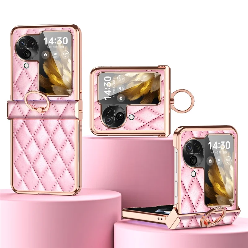 For Oppo Find N3 Flip 5G PU Leather Coated PC Case Electroplating Rhombus Pattern Kickstand Phone Cover - Pink
