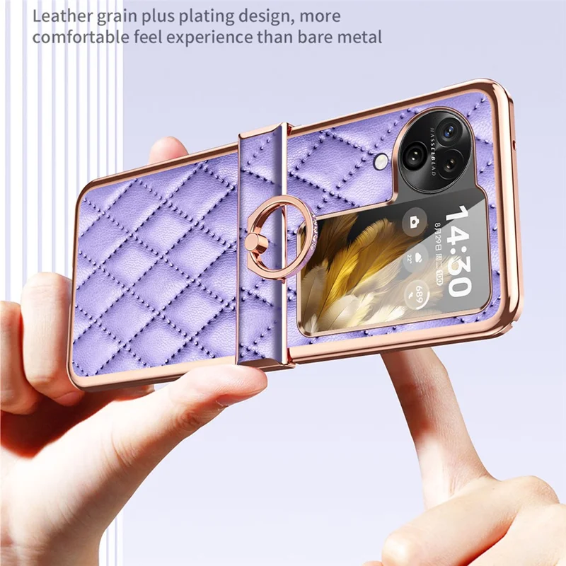 For Oppo Find N3 Flip 5G PU Leather Coated PC Case Electroplating Rhombus Pattern Kickstand Phone Cover - Pink