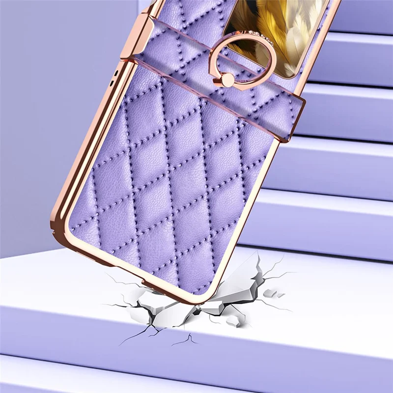 For Oppo Find N3 Flip 5G PU Leather Coated PC Case Electroplating Rhombus Pattern Kickstand Phone Cover - Pink