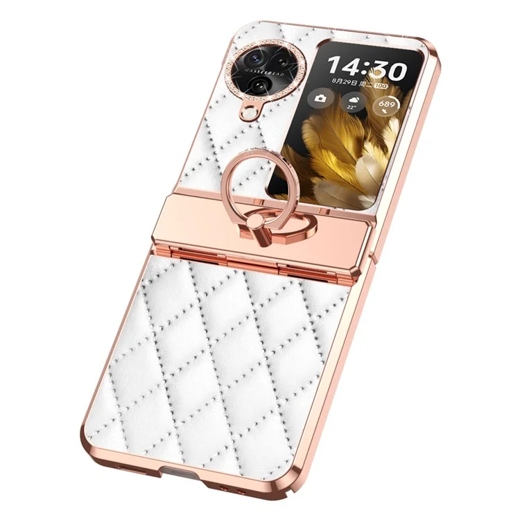 Für Oppo Find N3 Flip 5G Geprägter PU+PC Handyhülle mit Rhinestonen, Ständer und Elektroplattierung - Weiß
