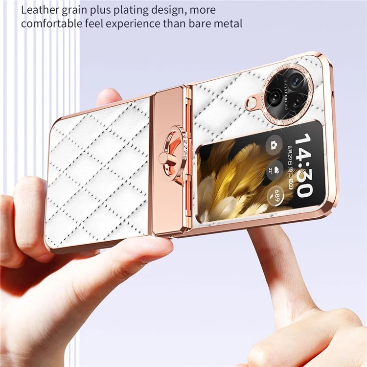 Für Oppo Find N3 Flip 5G Geprägter PU+PC Handyhülle mit Rhinestonen, Ständer und Elektroplattierung - Weiß