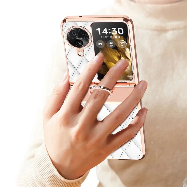 Für Oppo Find N3 Flip 5G Geprägter PU+PC Handyhülle mit Rhinestonen, Ständer und Elektroplattierung - Weiß