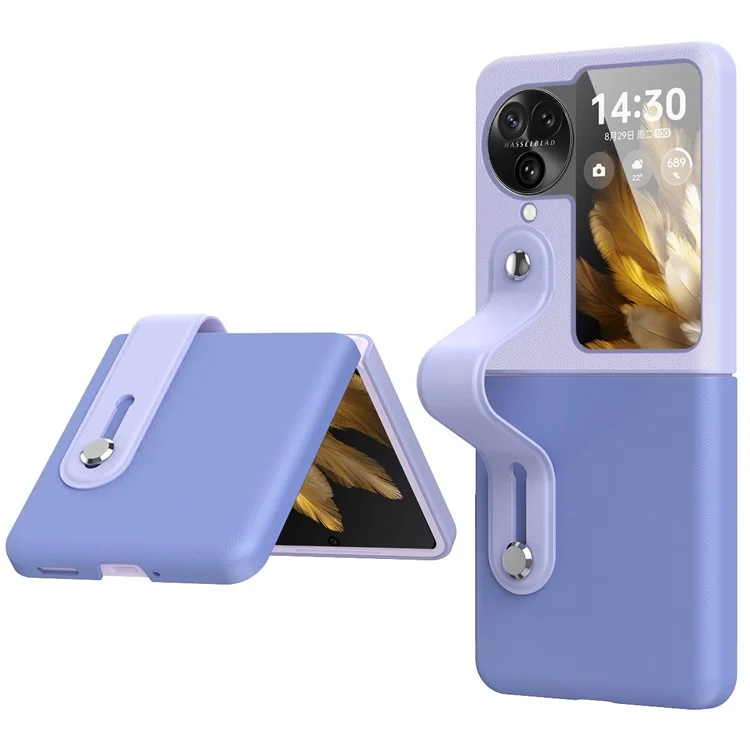 Custodia per telefono PU+PC per Oppo Find N3 Flip 5G Dual Color Design Wristband Kickstand - Blu Cielo+Viola Chiaro