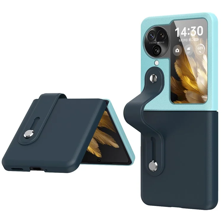PU+PC Phone Case for Oppo Find N3 Flip 5G Dual Color Design Wristband Kickstand Phone Cover - Dark Blue+Baby Blue