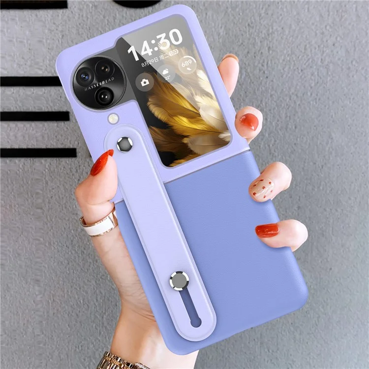 PU+PC Phone Case for Oppo Find N3 Flip 5G Dual Color Design Wristband Kickstand Phone Cover - Dark Blue+Baby Blue