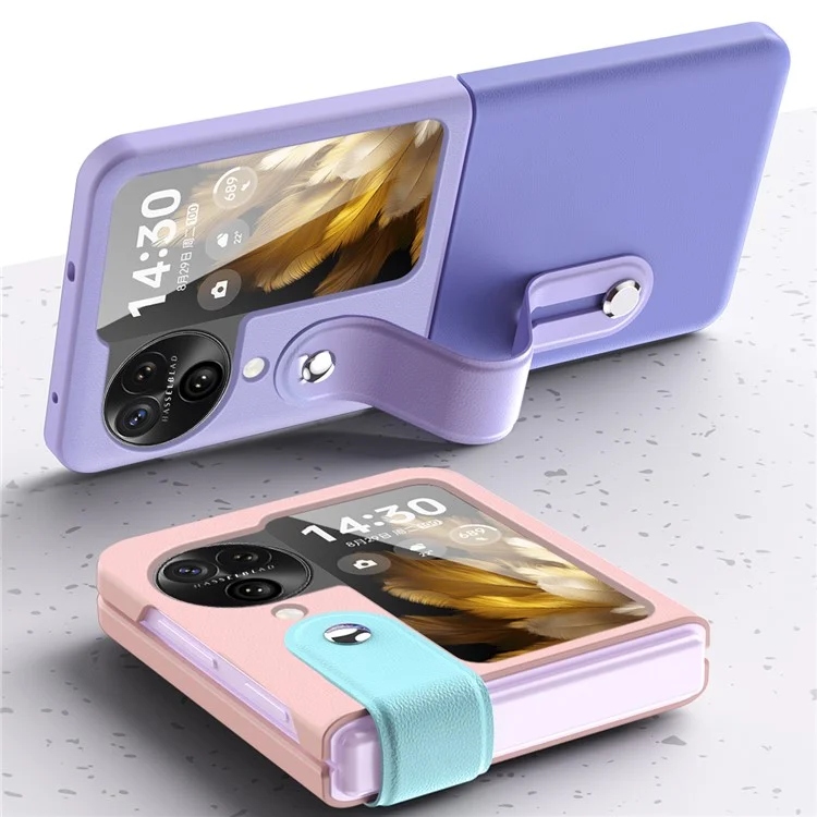 PU+PC Phone Case for Oppo Find N3 Flip 5G Dual Color Design Wristband Kickstand Phone Cover - Dark Blue+Baby Blue
