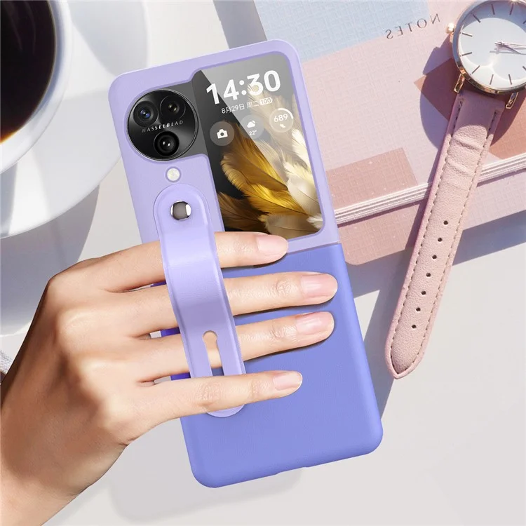 PU+PC Phone Case for Oppo Find N3 Flip 5G Dual Color Design Wristband Kickstand Phone Cover - Dark Blue+Baby Blue