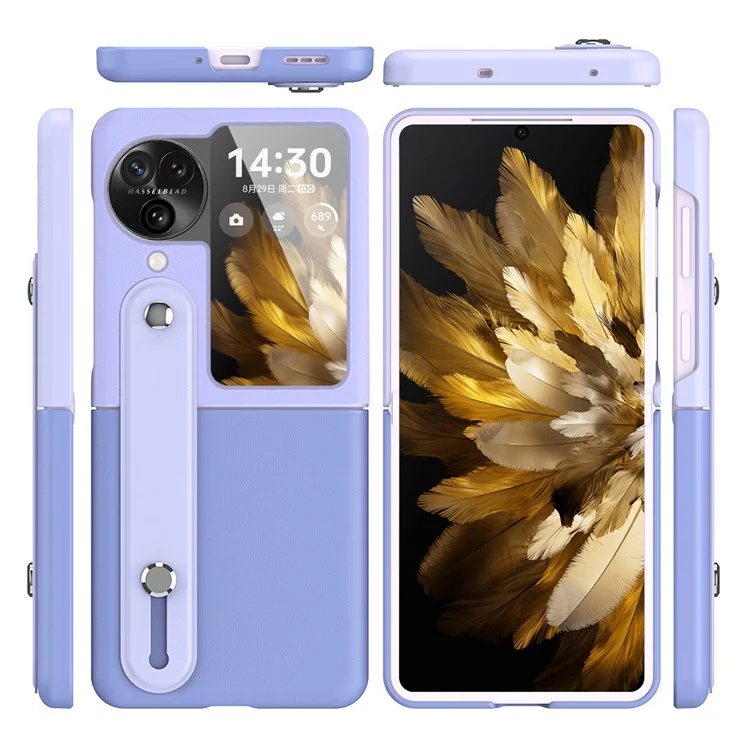 PU+PC Phone Case for Oppo Find N3 Flip 5G Dual Color Design Wristband Kickstand Phone Cover - Dark Blue+Baby Blue