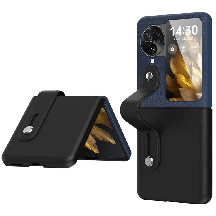PU+PC Phone Case for Oppo Find N3 Flip 5G Dual Color Design Wristband Kickstand Phone Cover - Black+Navy Blue