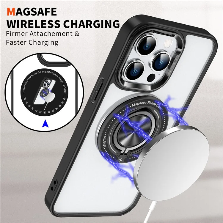 For iPhone 15 Pro Max PC + TPU + Acrylic Phone Case Ring Kickstand Transparent Cover Compatible with MagSafe - Black