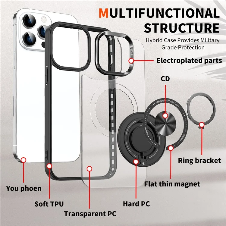 For iPhone 15 Pro Max PC + TPU + Acrylic Phone Case Ring Kickstand Transparent Cover Compatible with MagSafe - Black