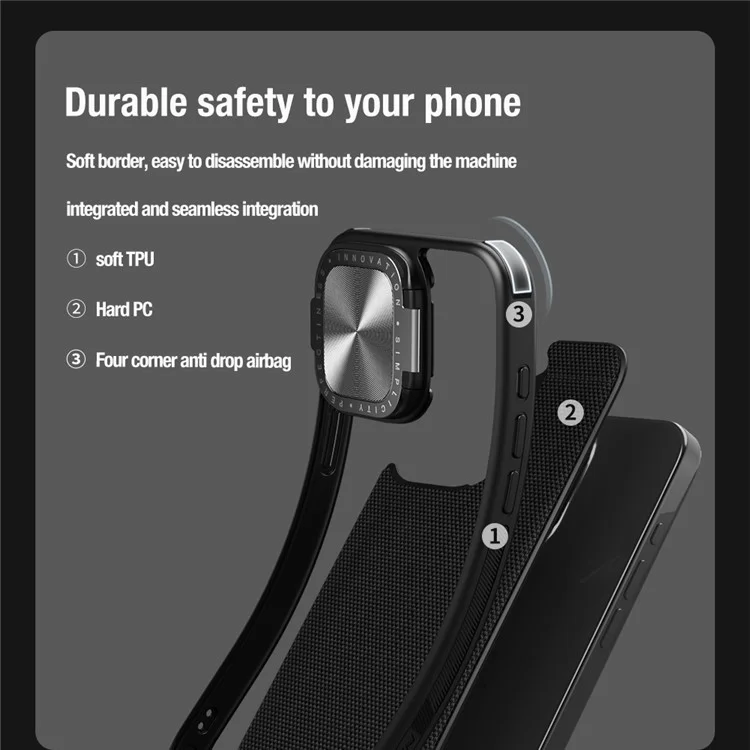 NILLKIN Pour iPhone 15 Pro Étui de téléphone à texture de support Compatible avec MagSafe PC + Étui TPU avec support pour objectif