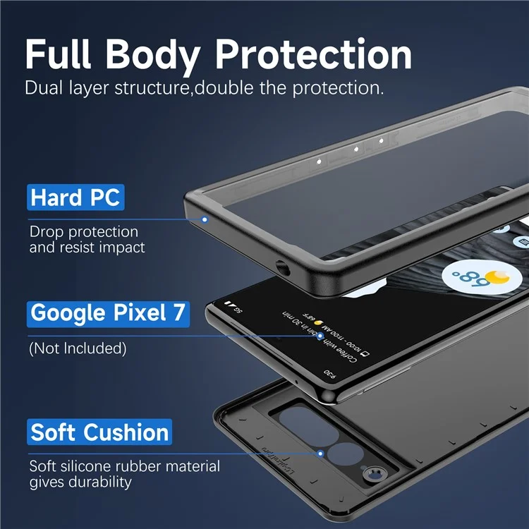 Para el caso del teléfono Google Pixel 7 Pro 5G FS Series IP68 a prueba de agua, carcasa de PC+TPU antiabrasión