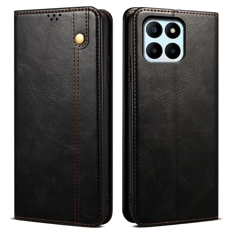 For Honor X6a 4G Stand Wallet Case PU Leather Phone Shell Waxy Crazy Horse Texture Mobile Phone Cover - Black
