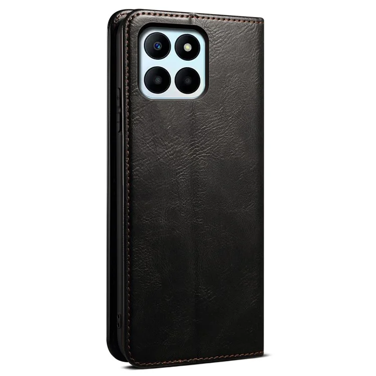 For Honor X6a 4G Stand Wallet Case PU Leather Phone Shell Waxy Crazy Horse Texture Mobile Phone Cover - Black