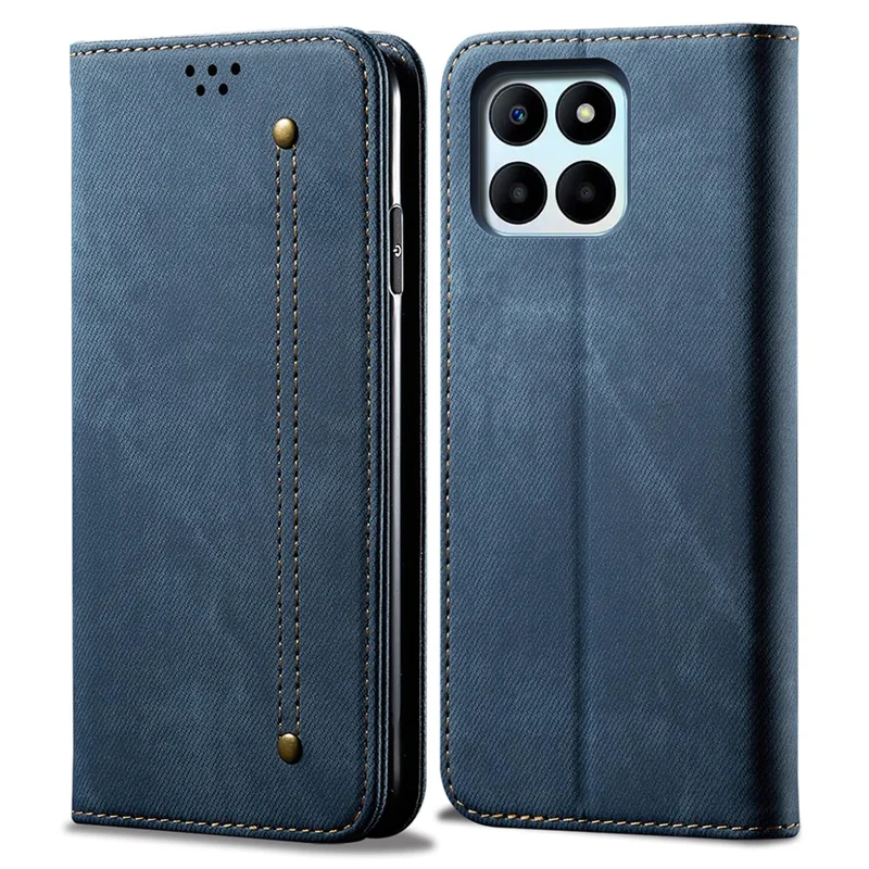 For Honor X6a 4G Phone Case Jeans Cloth Texture Flip Stand Wallet PU Leather Protective Phone Cover - Blue