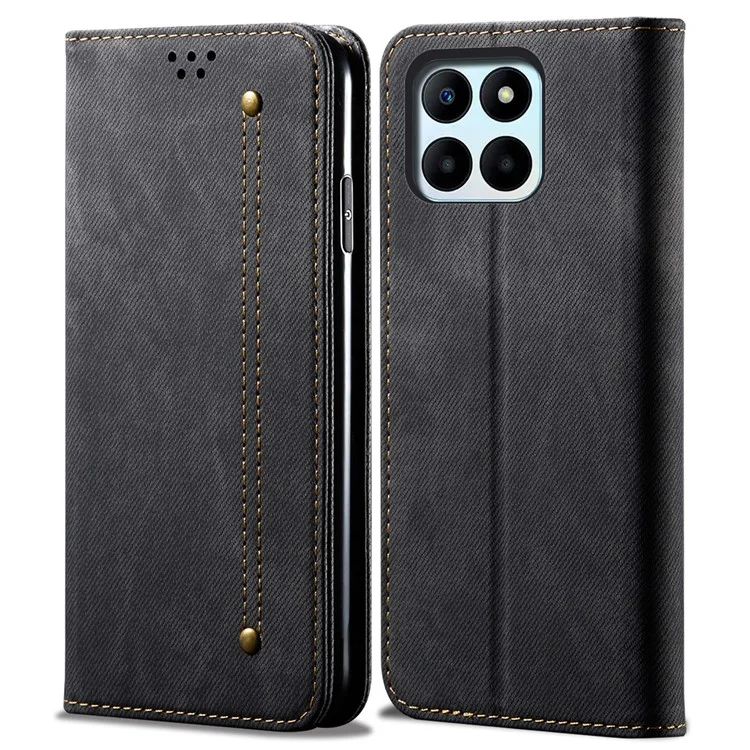 Capa de carteira para Honor X8 5G / X6 4G / X6s 4G / 70 Lite 5G / Play 30M Jeans Cloth Texture Stand Leather Phone Cover - Preto