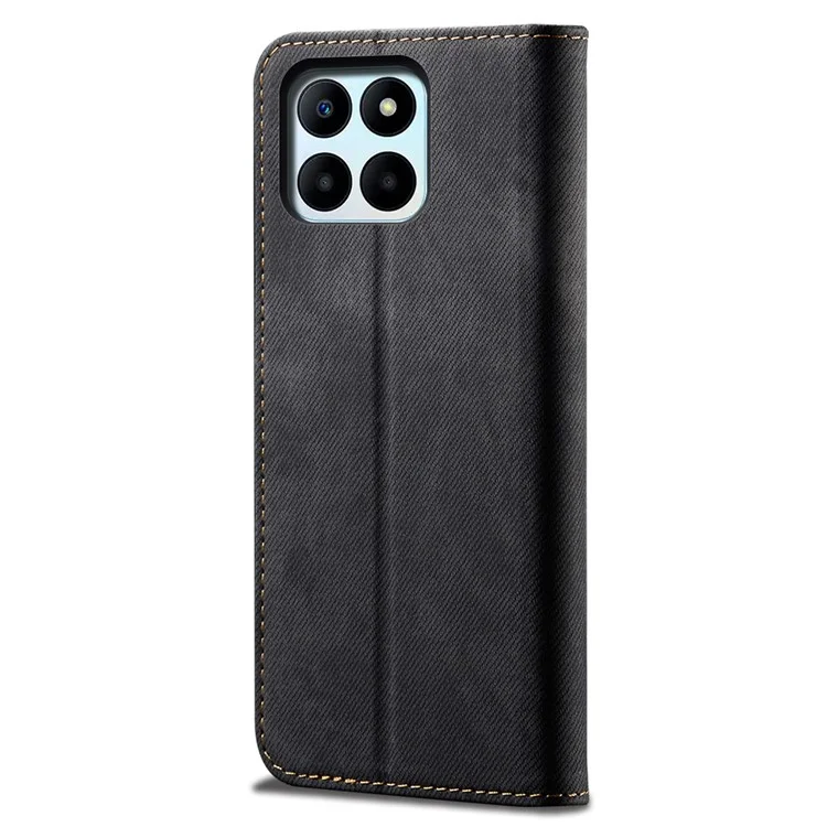 Capa de carteira para Honor X8 5G / X6 4G / X6s 4G / 70 Lite 5G / Play 30M Jeans Cloth Texture Stand Leather Phone Cover - Preto
