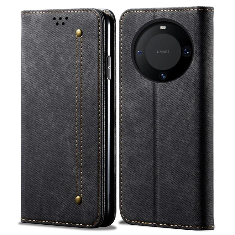 Für Huawei Mate 60 Pro+ Jeans-Stoff-Textur PU-Leder Flip-Ständer-Brieftasche Handyhülle - Schwarz